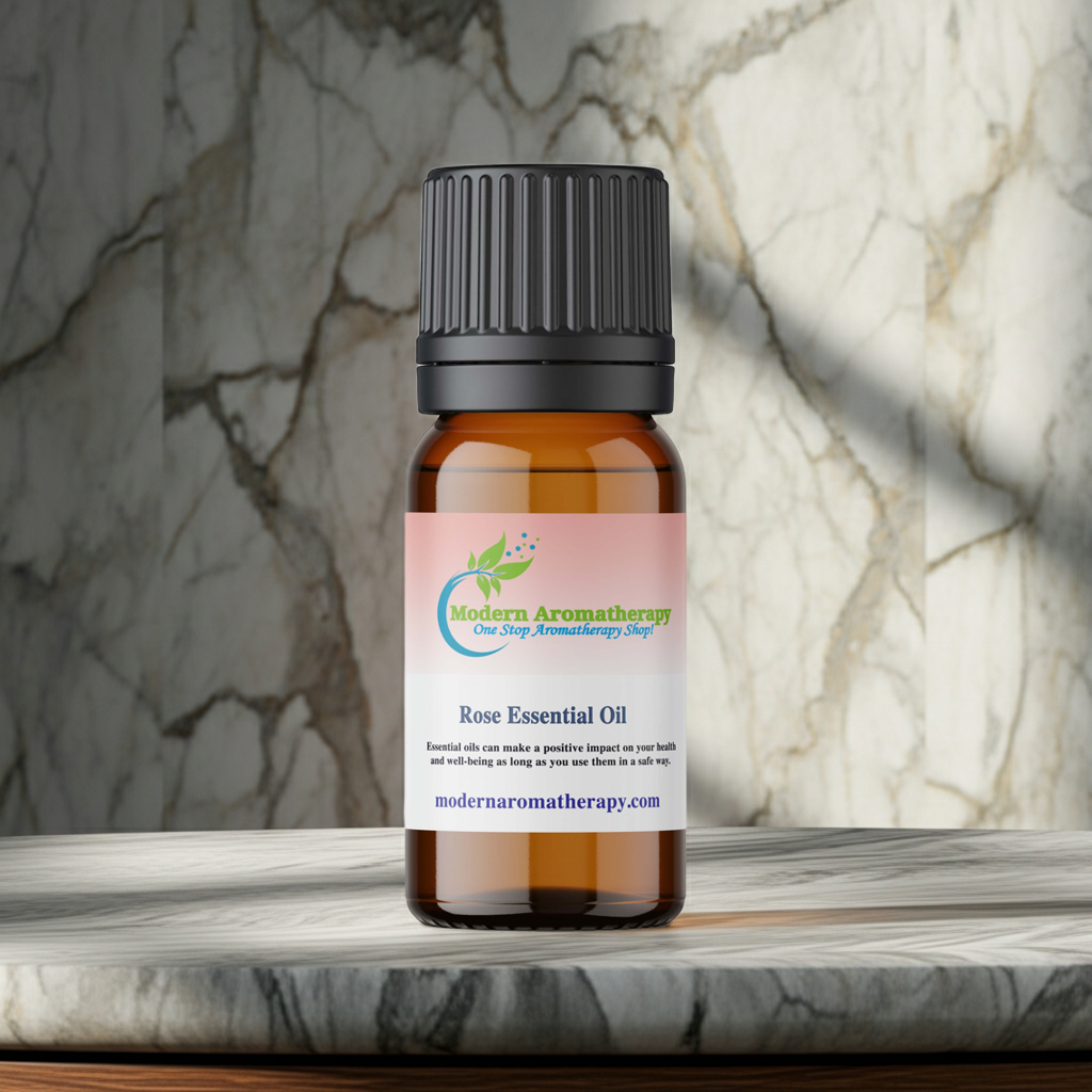Rose aromatherapy essential oil bottle for grounding rituals, perfume blending, and luxurious home fragrance use.