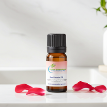 Rose essential oil bottle for luxurious floral aromatherapy, emotional support diffusing, and skin care blending.