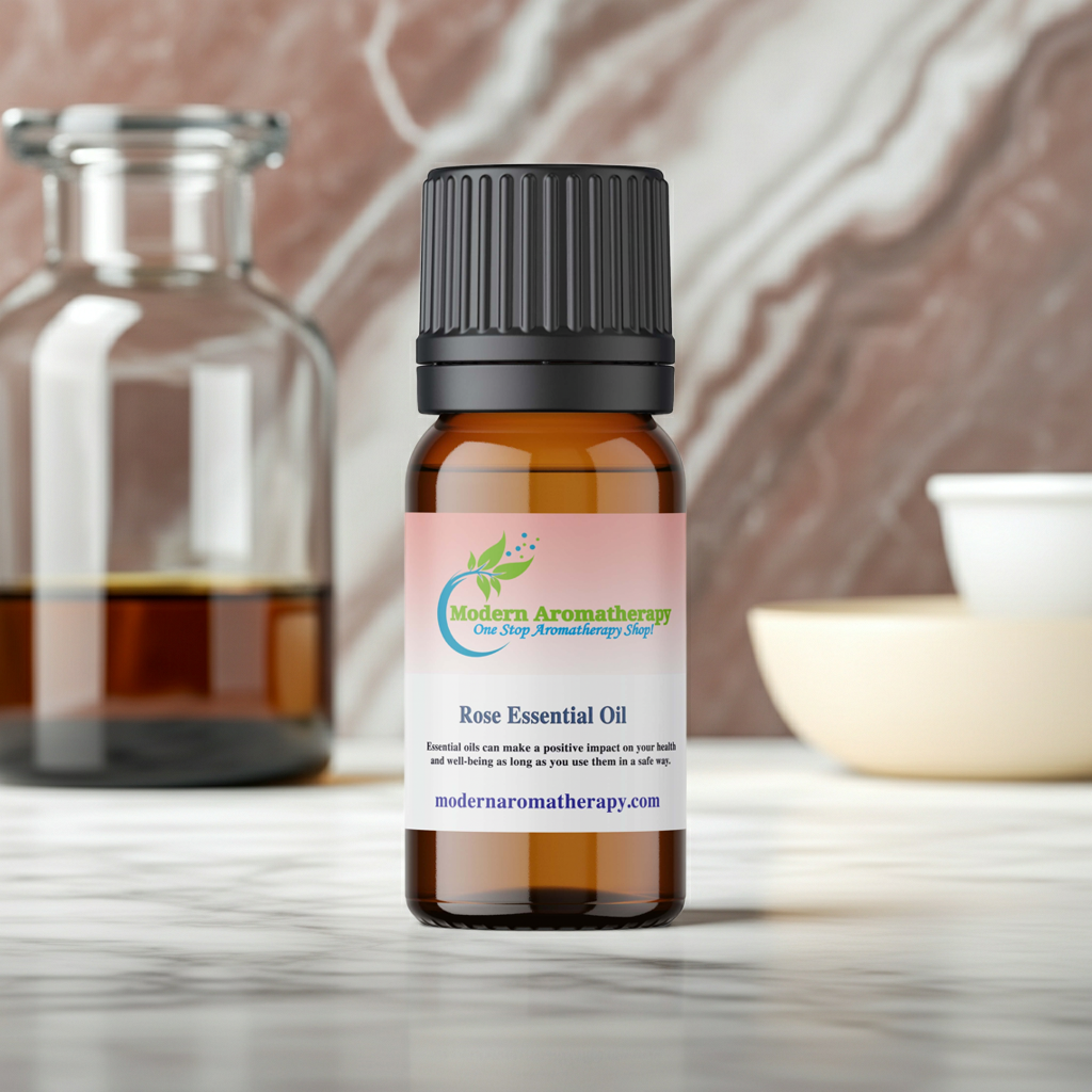 Rose essential oil bottle for diffuser use, mood-lifting floral aromatherapy, and daily emotional wellness rituals.
