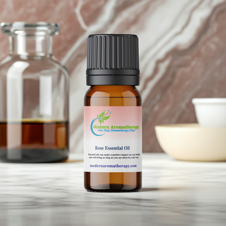 Rose Essential Oil bottle for diffuser use, aromatherapy, and room scenting.