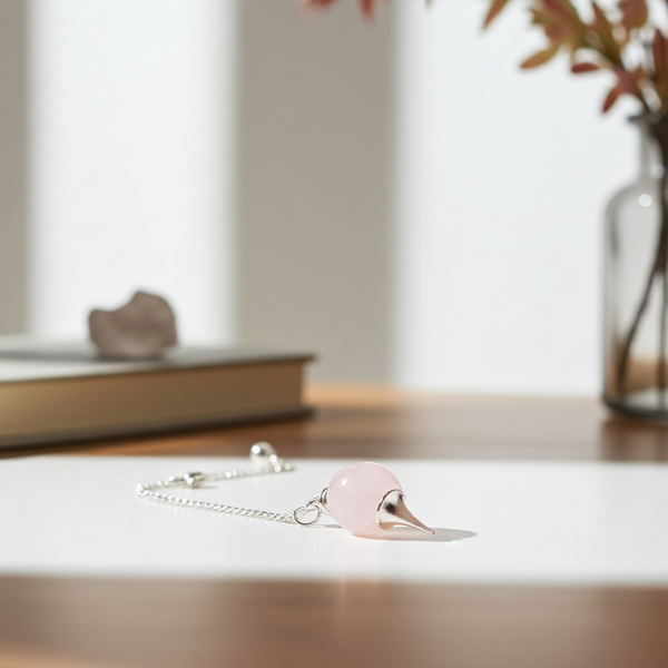 Rose Quartz pendulum crystal divination tool for dowsing, chakra balancing, and spiritual guidance.