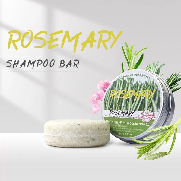 Rosemary Silicone-Free Shampoo Soap Bar with packaging and rosemary greenery on white background.