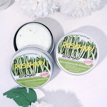 Rosemary Silicone-Free Shampoo Soap Bars in metal tins with green leaves on white background.