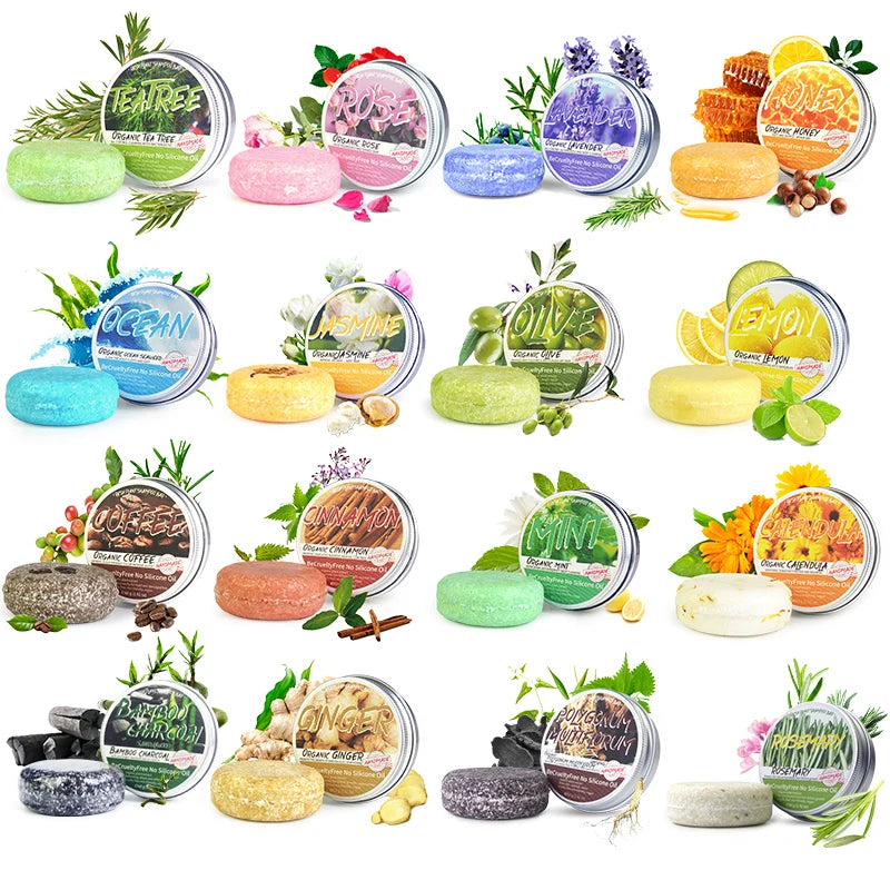 Collection of handmade shampoo soap bars including Rosemary Silicone-Free variety on white background.