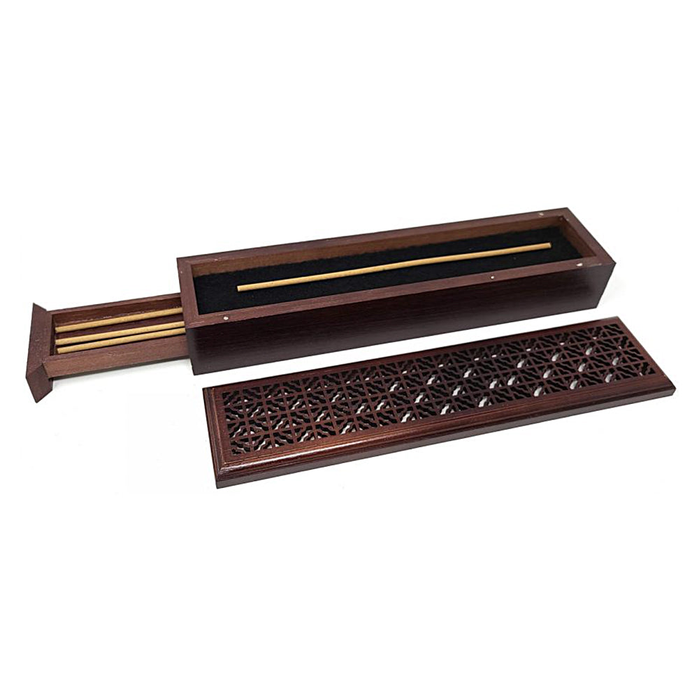 Rosewood finish wood incense box burner large size close-up detail of wood grain finish.
