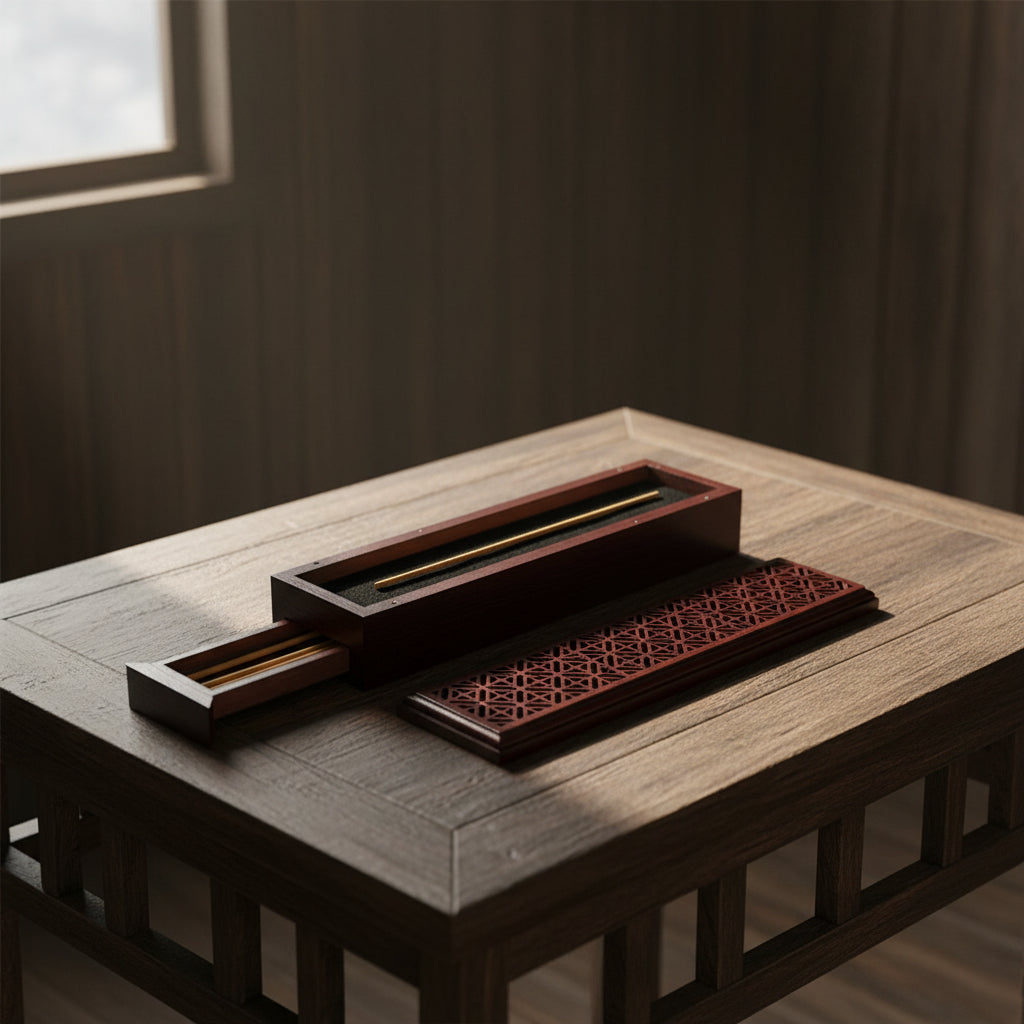 Rosewood finish wood incense box burner large size close-up detail of wood grain finish.