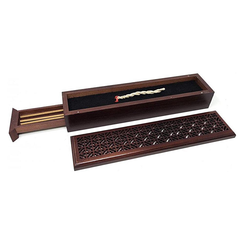 Rosewood finish wood incense box burner large size open showing incense stick holder slot.