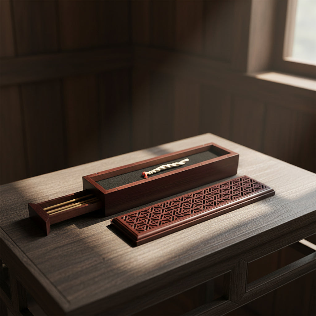 Rosewood finish wood incense box burner large size open showing incense stick holder slot.