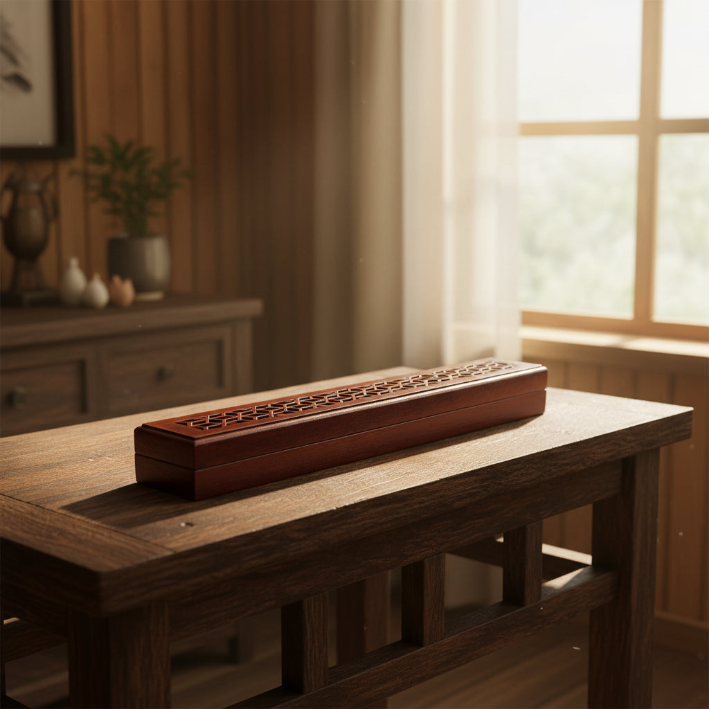 Rosewood finish wood incense box burner medium size closed for storing incense sticks and ash catching.