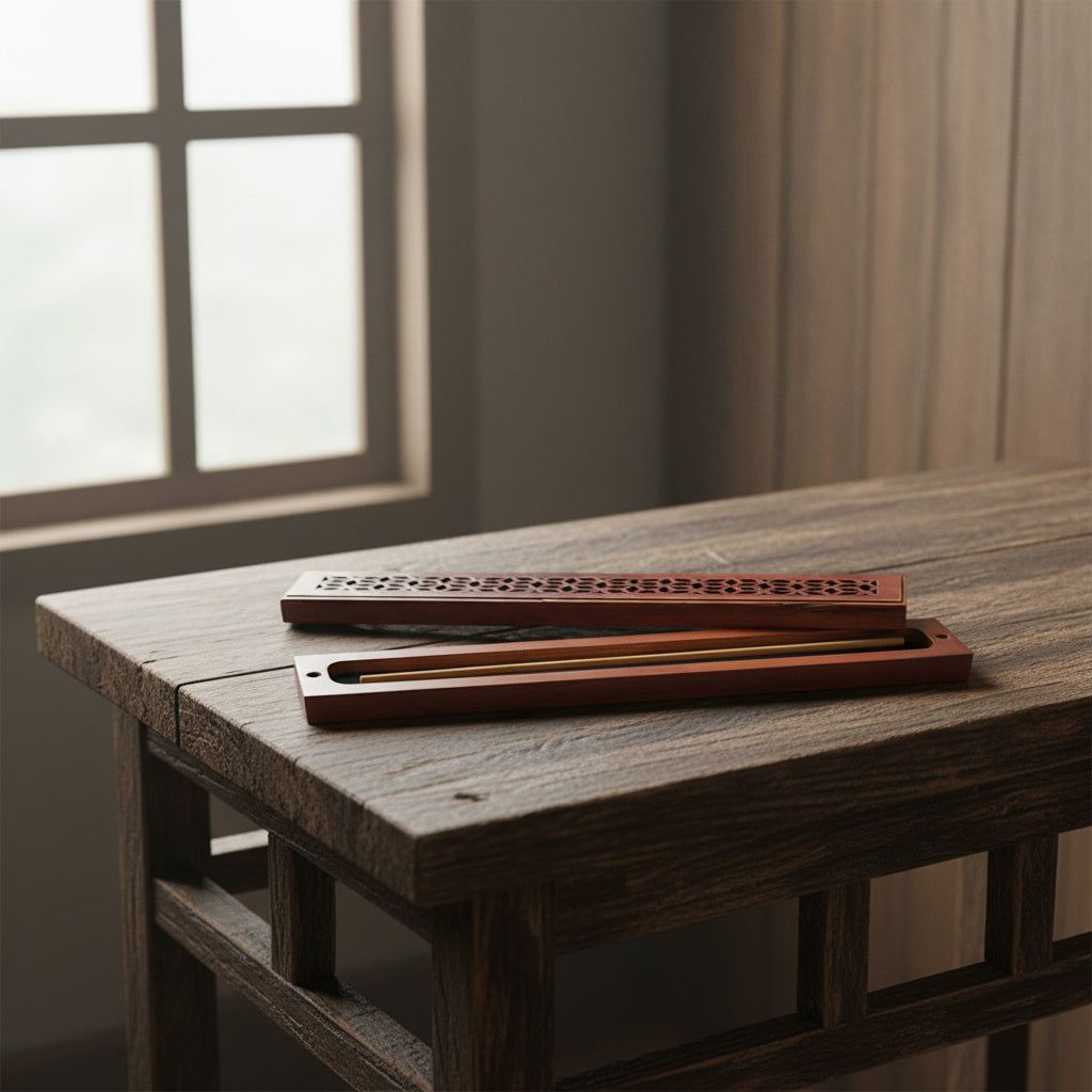 Rosewood finish wood incense box burner medium size close-up detail of wood grain finish.