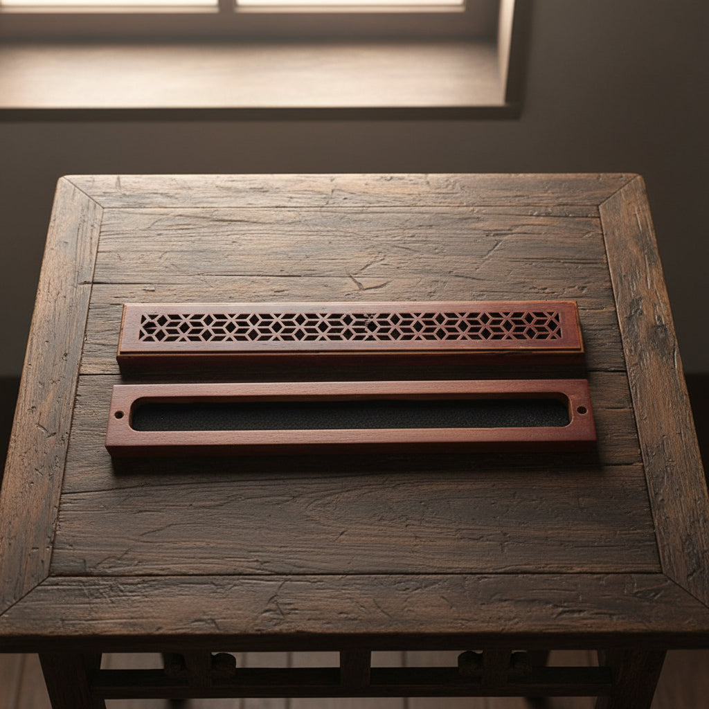 Rosewood finish wood incense box burner medium size open showing incense stick holder slot.