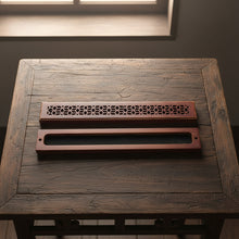 Rosewood finish wood incense box burner medium size open showing incense stick holder slot.