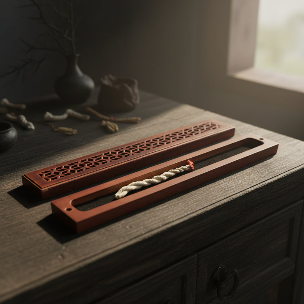 Rosewood finish wood incense box burner medium size side view for altar and incense storage use.