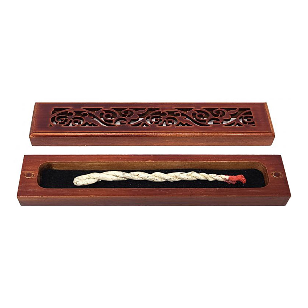 Rosewood finish wood incense box burner small size close-up detail of wood grain finish.
