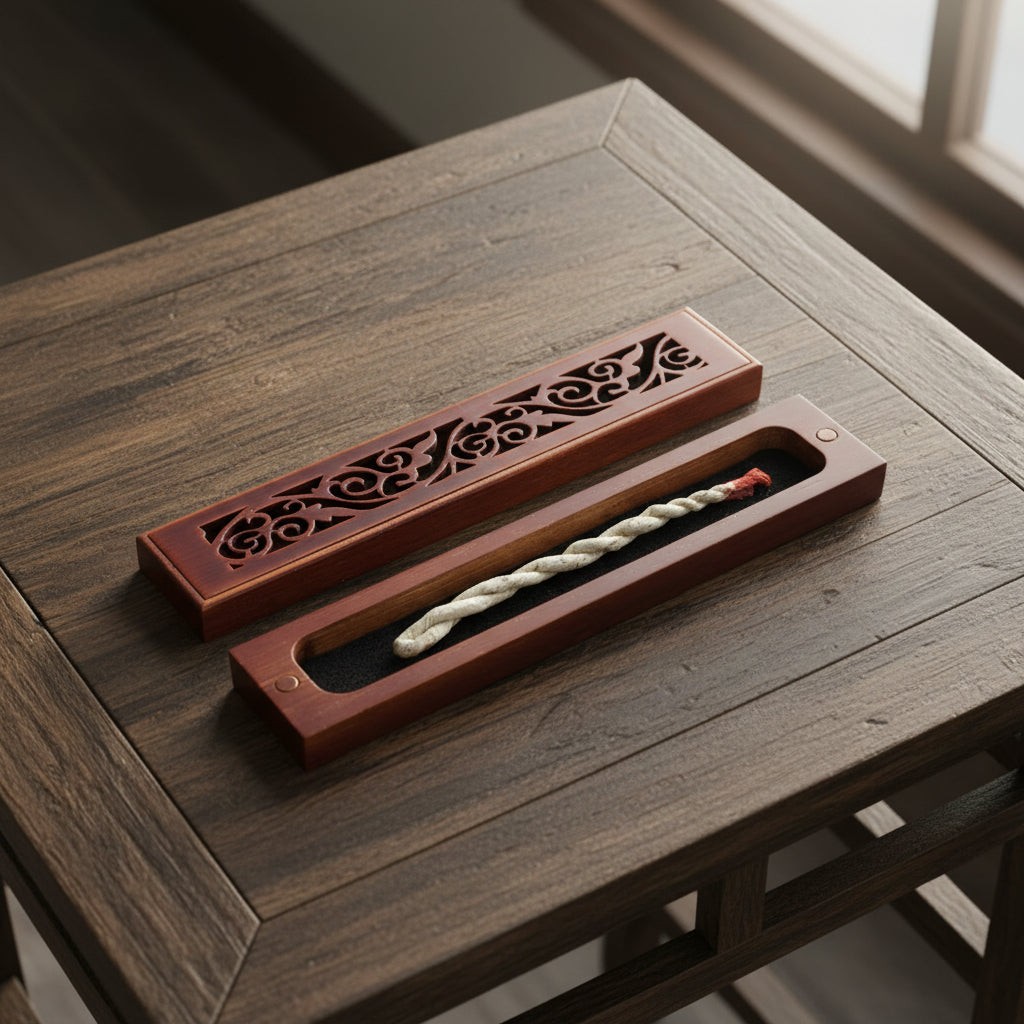 Rosewood finish wood incense box burner small size close-up detail of wood grain finish.