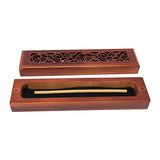 Rosewood finish wood incense box burner small size open showing incense stick holder slot.