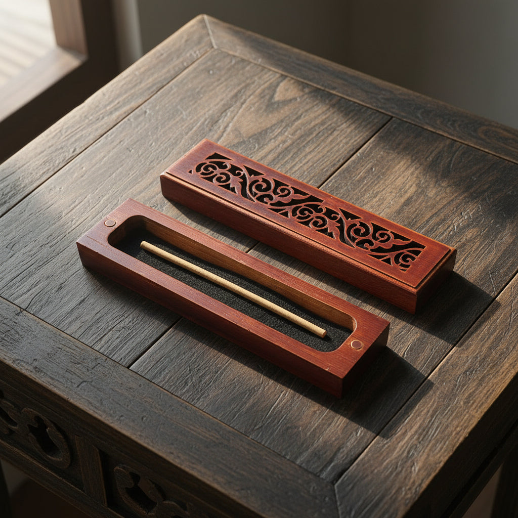 Rosewood finish wood incense box burner small size open showing incense stick holder slot.