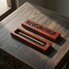 Rosewood finish wood incense box burner small size open showing incense stick holder slot.