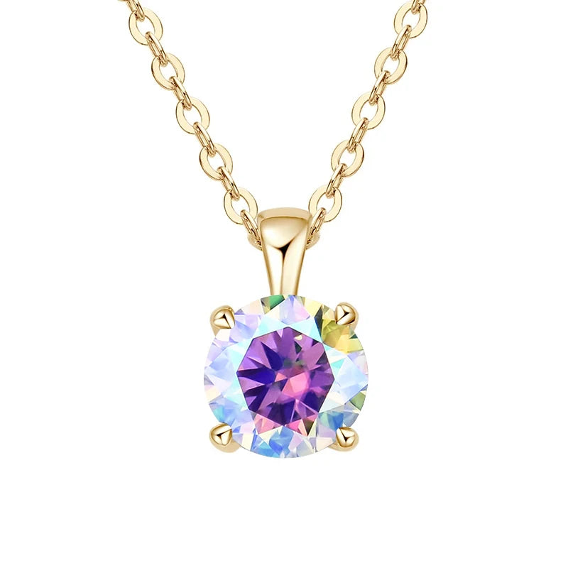 Round cut moissanite four-prong necklace pendant for classic accessorizing, special events, and gift occasions.