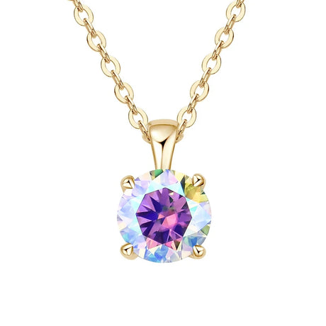 Round cut moissanite four-prong necklace pendant for classic accessorizing, special events, and gift occasions.