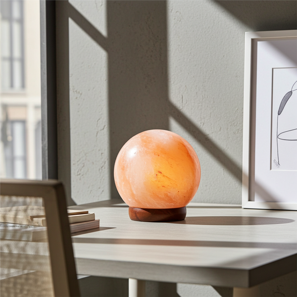 Round Natural Himalayan Salt Lamp crystal lamp for warm ambient lighting, home decor, and relaxation use.