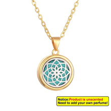 Round Tree of Life aromatherapy necklace pendant for essential oil diffusion, stress relief, and mindful daily wear.