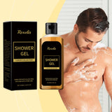 Roxelis Pheromone Shower Gel for Men bottle with man using product for daily grooming and scent freshness.