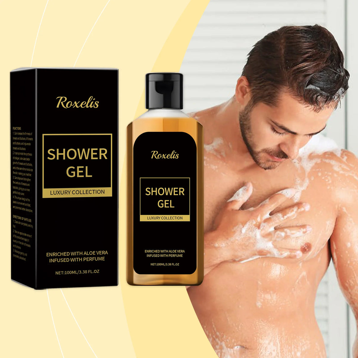 Roxelis Pheromone Shower Gel for Men bottle with man using product for daily grooming and scent freshness.