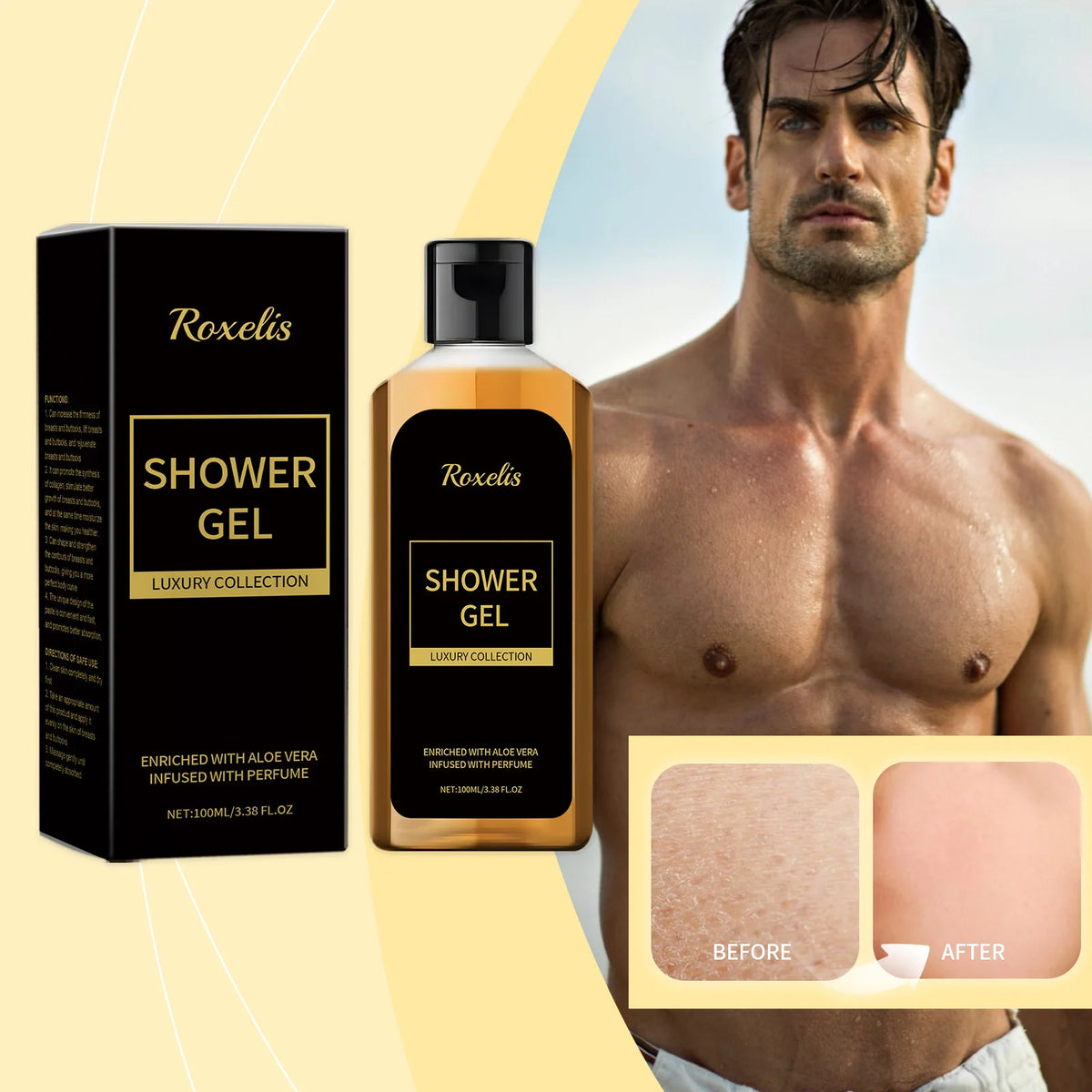 Roxelis Pheromone Shower Gel for Men showing pheromone formula benefits and skin care results on beige background.