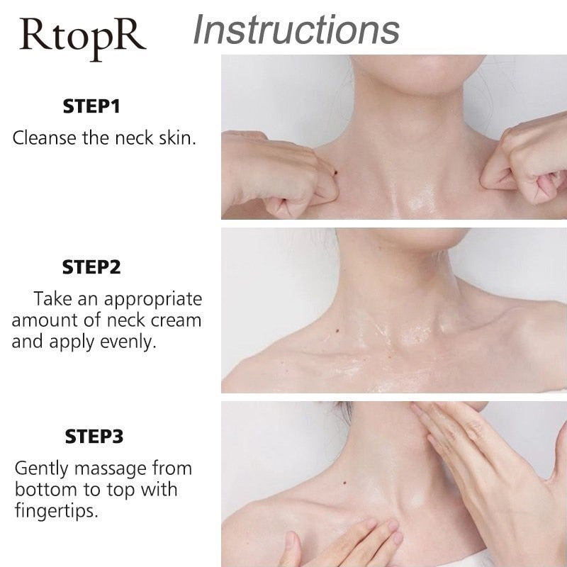 RtopR Mango Neck Firming & Anti-Wrinkle Cream 40g step-by-step application guide with close-up instructions.