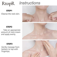 RtopR Mango Neck Firming & Anti-Wrinkle Cream 40g step-by-step application guide with close-up instructions.