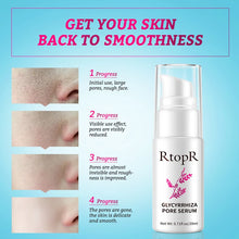 RtopR Pore Shrinking & Repair Essence skin before and after improvement results on blue background.