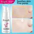 RtopR Pore Shrinking & Repair Essence before and after skin texture improvement results on blue background.