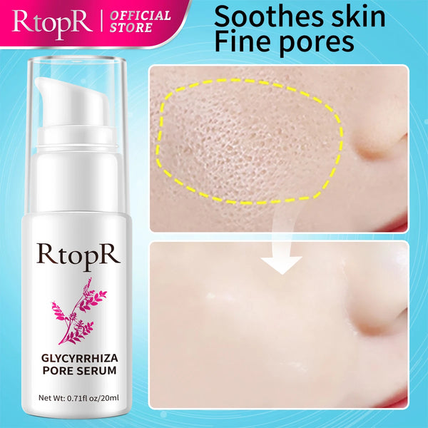 RtopR Pore Shrinking & Repair Essence before and after skin texture improvement results on blue background.