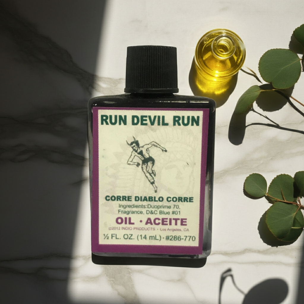 Run Devil Run Wish Oil wish oil bottle for manifestation, prayer, and protective ritual use.
