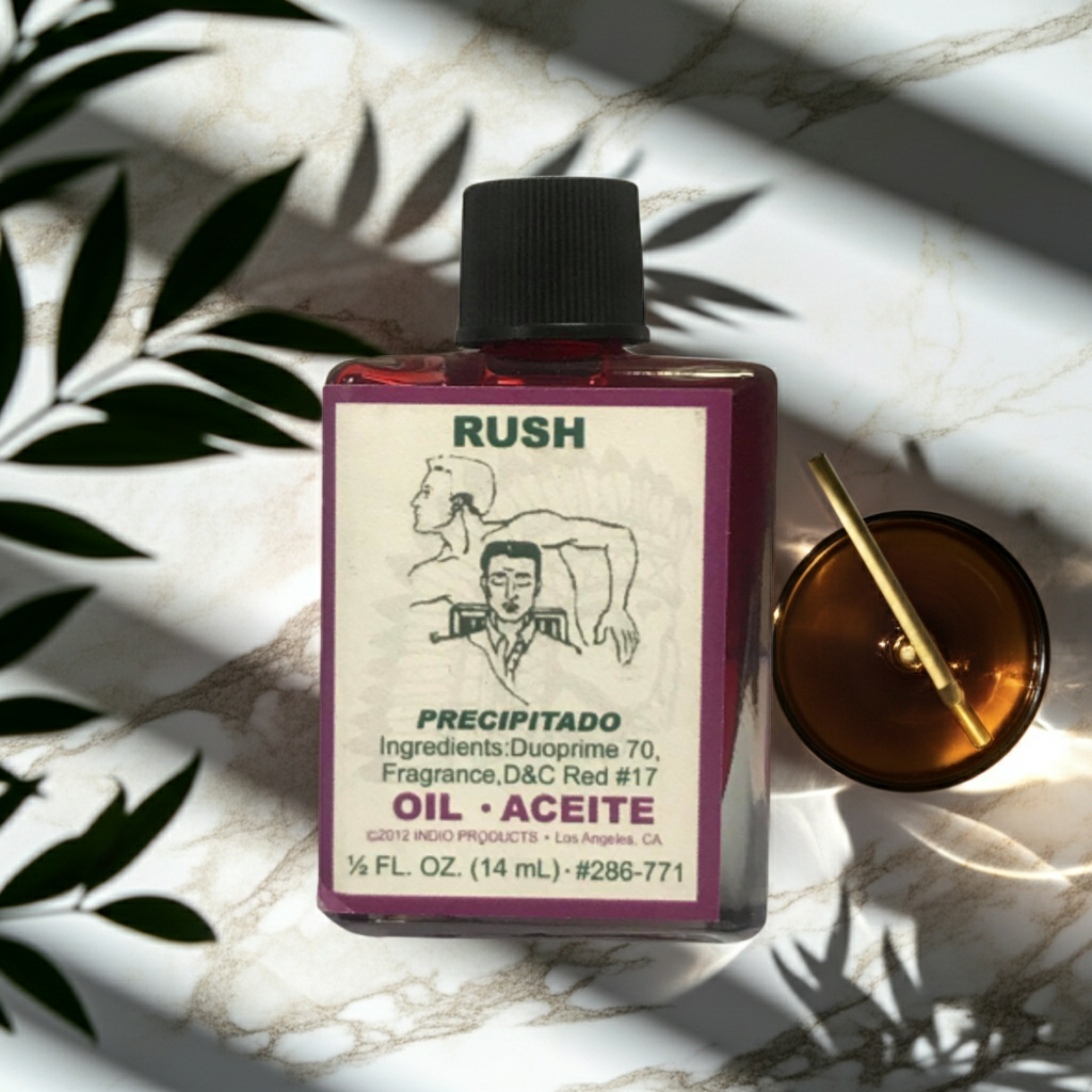 Rush Wish Oil dressing oil bottle for candle rituals, wish-focused spellwork, and prayer use.