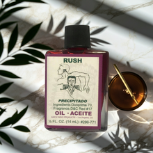 Rush Wish Oil dressing oil bottle for candle rituals, wish-focused spellwork, and prayer use.