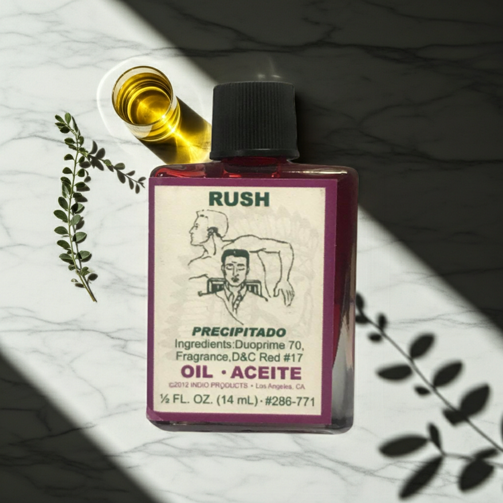 Rush Wish Oil ritual oil bottle for anointing, manifestation practice, and spiritual ceremonies.