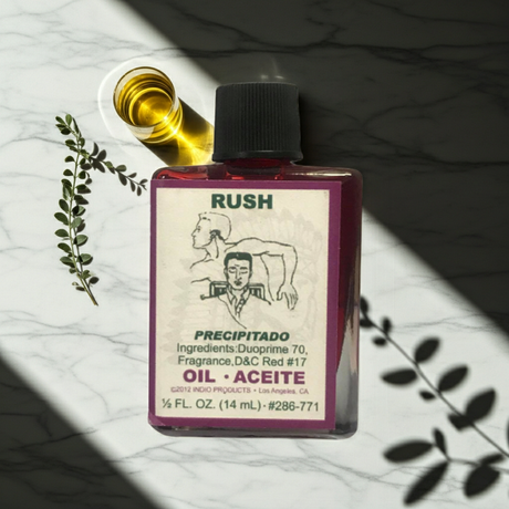 Rush Wish Oil ritual oil bottle for anointing, manifestation practice, and spiritual ceremonies.