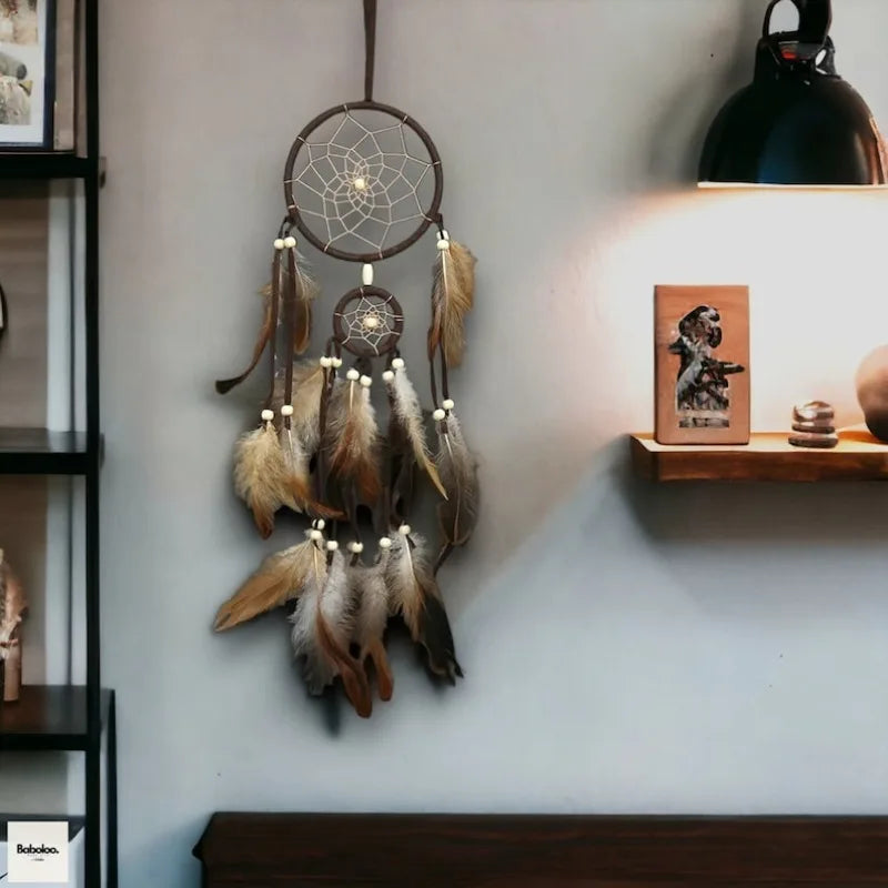 Rustic Indian Dream Catcher with Brown Feathers wall hanging for cozy room decor, peaceful atmosphere, and natural boho styling.