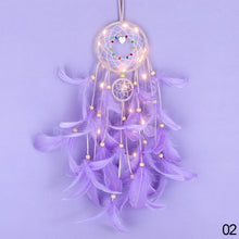 Rustic LED Dreamcatcher Pendant with Feathers hanging ornament for boho bedroom decor, soft lighting, and cozy interior styling.