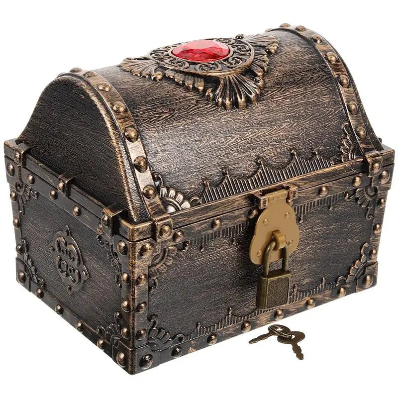 Small Pirate Treasure Box rustic wood-style chest with key lock for tabletop decor, treasure hunts, and keepsake storage.