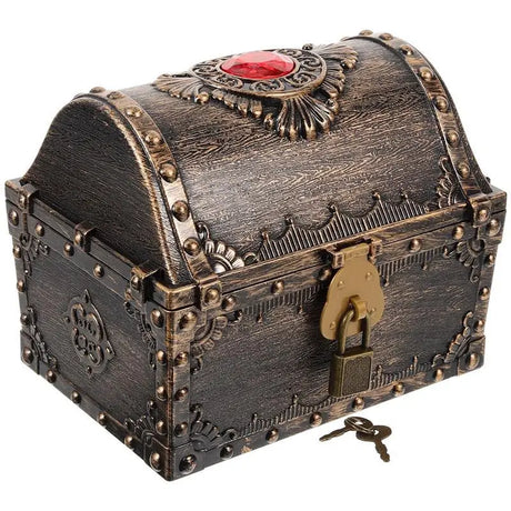 Small Pirate Treasure Box rustic wood-style chest with key lock for tabletop decor, treasure hunts, and keepsake storage.