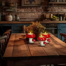 Rustic resin mushroom candle holder for candle use, cabin-inspired decor, and nature-themed tabletop display.