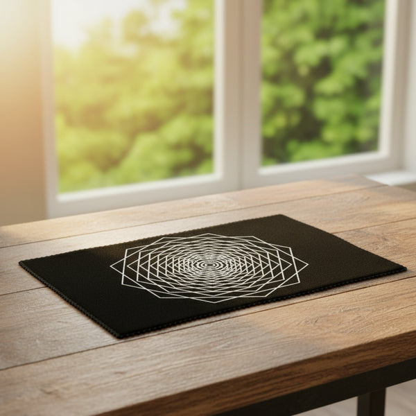 Sacred geometry mat with dodecahedron fractal design for dowsing, divination practice, and pendulum readings.