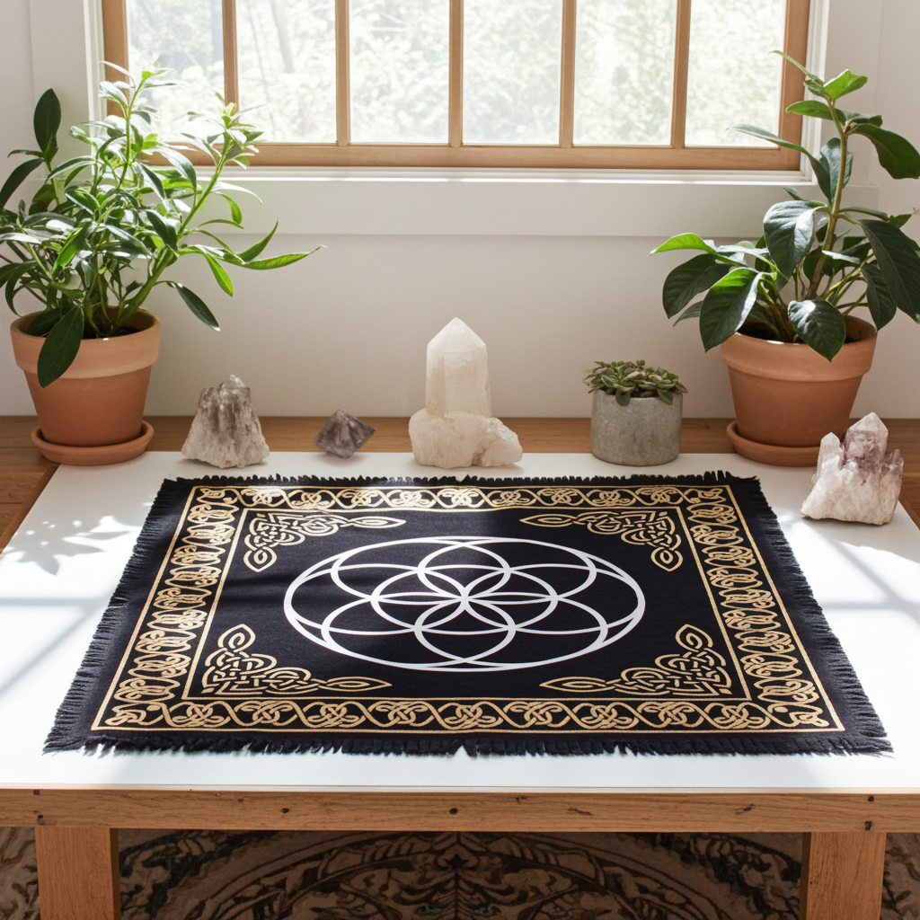 Sacred geometry Seed of Life altar cloth table covering for ritual work, meditation, and altar decoration.