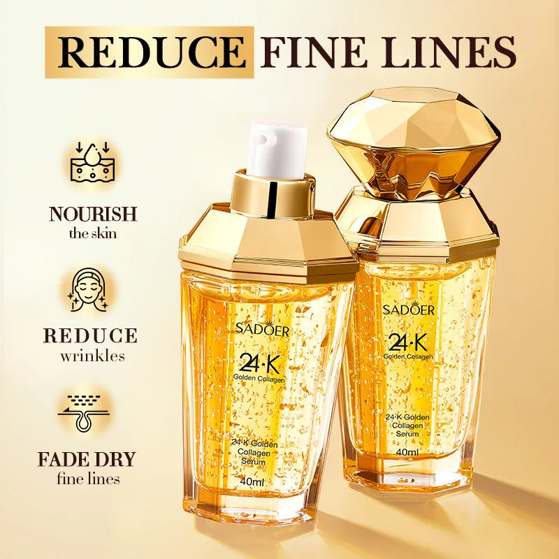 SADOER 24K Golden Collagen anti-aging face essence serum bottle for hydrating the skin, softening fine lines, and daily facial care.