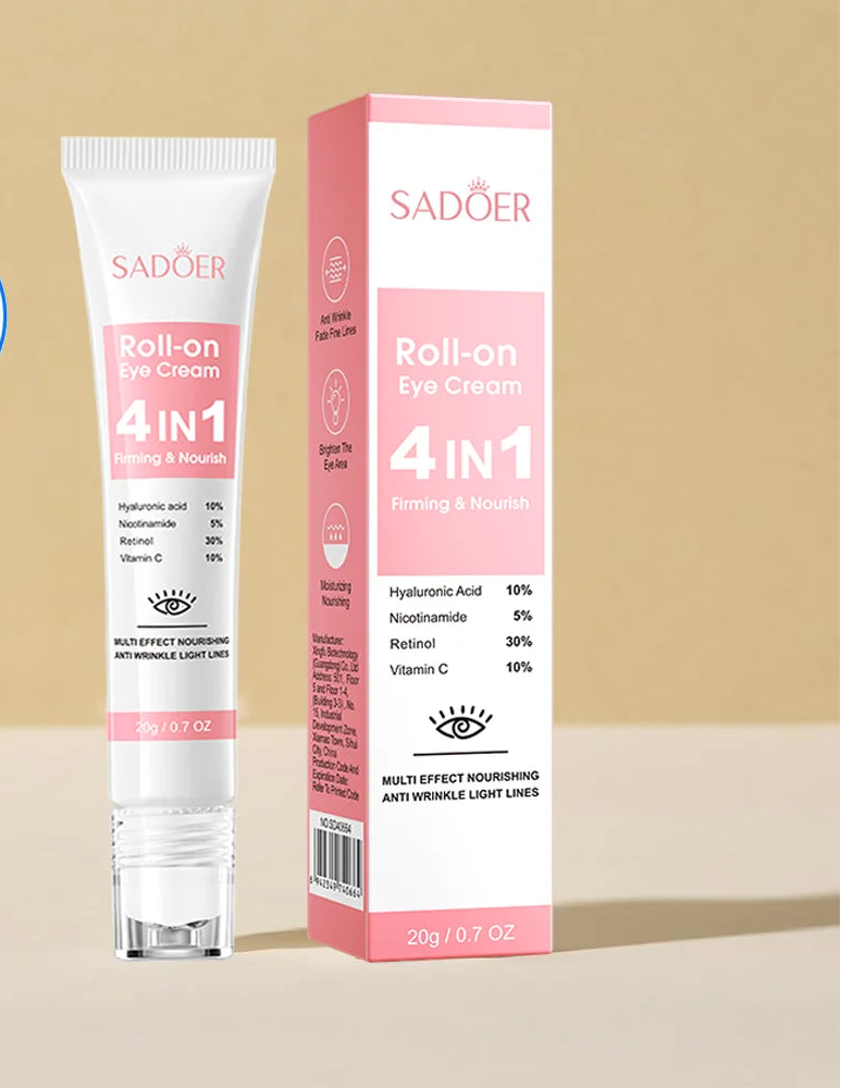 SADOER 4in1 roll-on moisturizing eye cream serum for reducing dark circles, hydrating the under-eye area, and daily eye care.