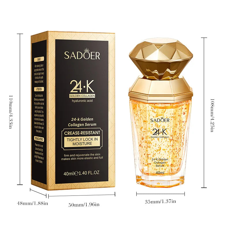 SADOER Golden Collagen facial essence serum bottle for boosting skin hydration, moisturizing the face, and anti-aging beauty care.