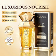 SADOER Golden Collagen hydrating facial serum bottle for daily face moisturizing, smoothing dry skin, and anti-aging skincare use.